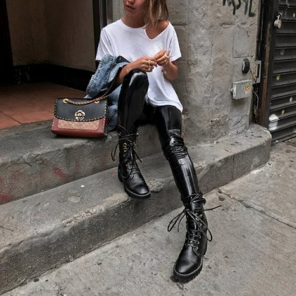 STUART WEITZMAN Lexy Leather Combat Boots Black Leather 9.5M - Picture 3 of 11